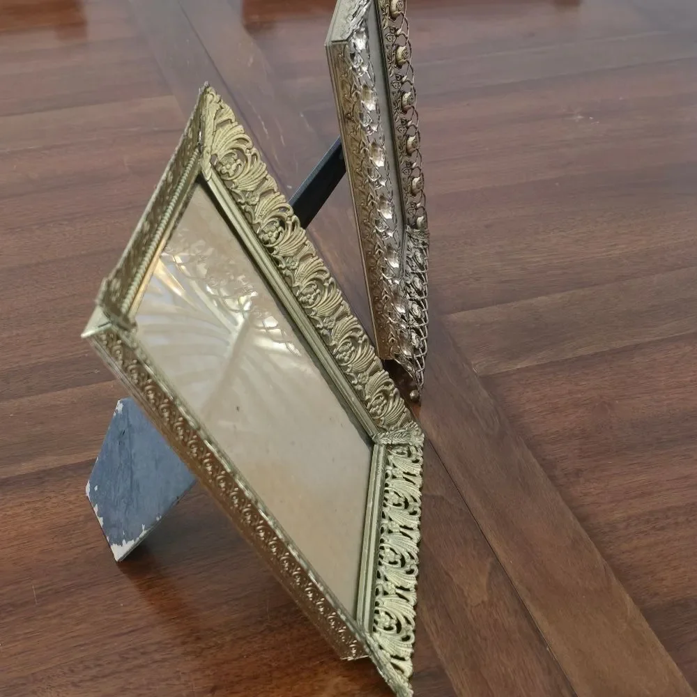 Vintage Ornate‎ Brass Photo Frame Set Gold Tone MCM Filigree Flowers Easel